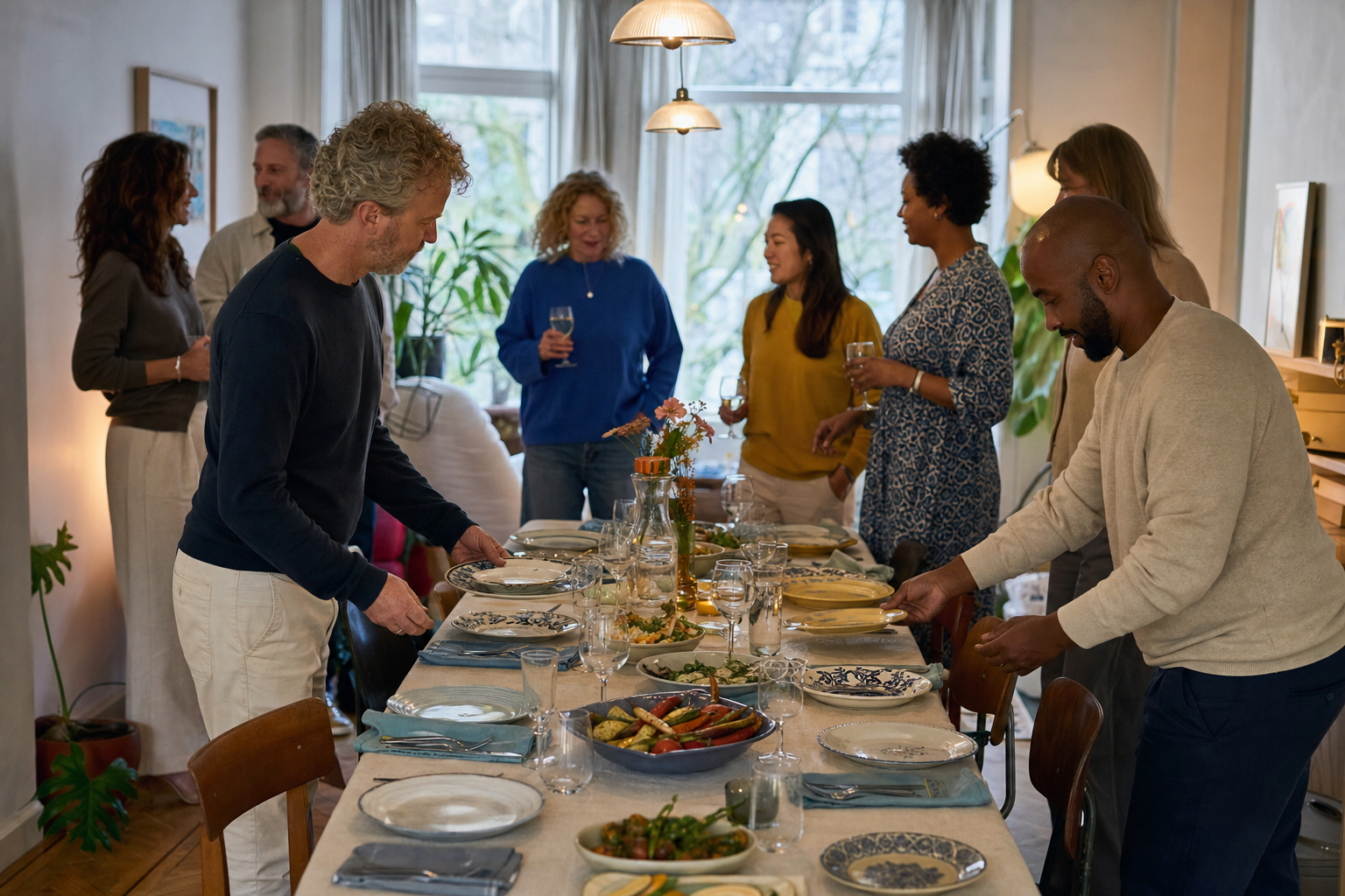 Acht volwassenen dekken samen een lange eettafel in een lichte woonkamer